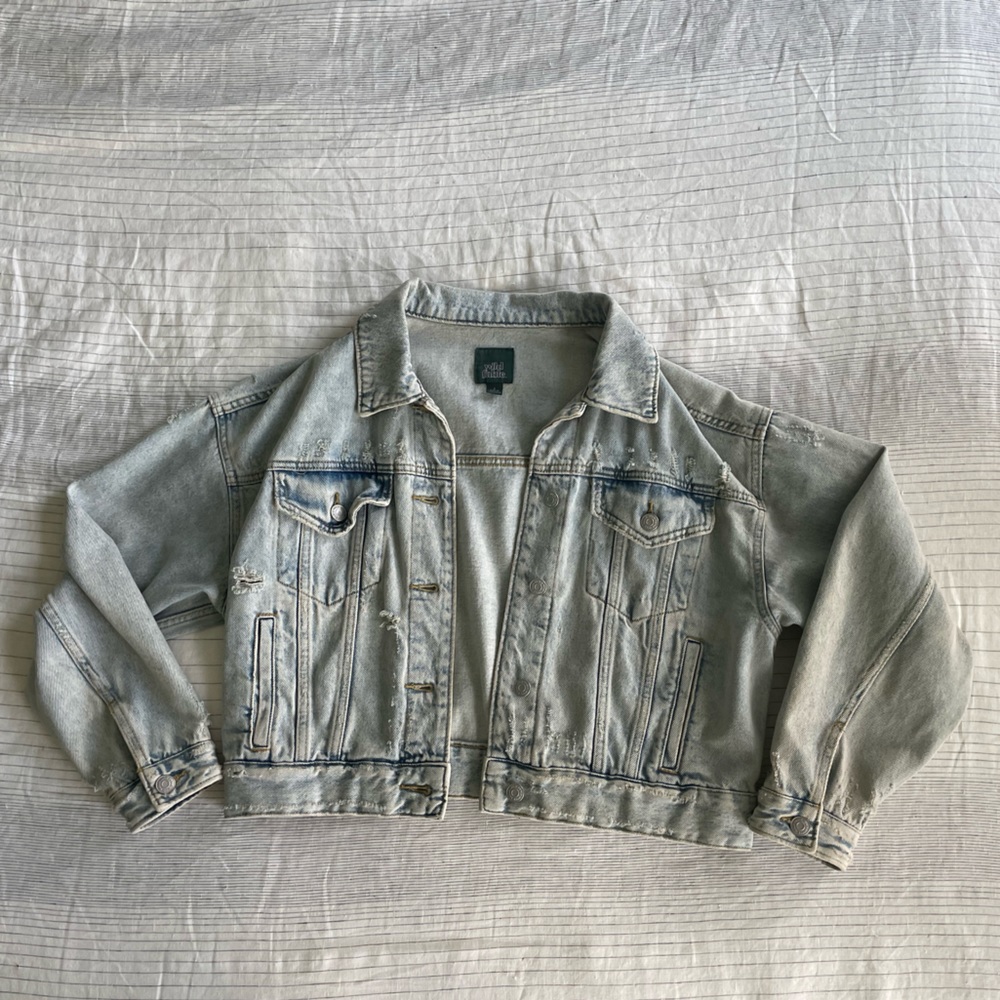 Distressed denim crop trucker jacket
